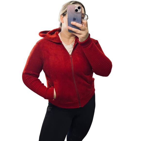 Y2K Cherry Red Faux Suede Leather Jacket Hooded Knit Vintage Faux Fur - Picture 6 of 11